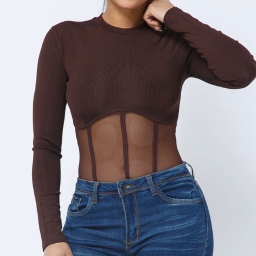 Women's Fashion Sexy Trendy Long Sleeve ribbed bodysuit mesh top Brown LARGE